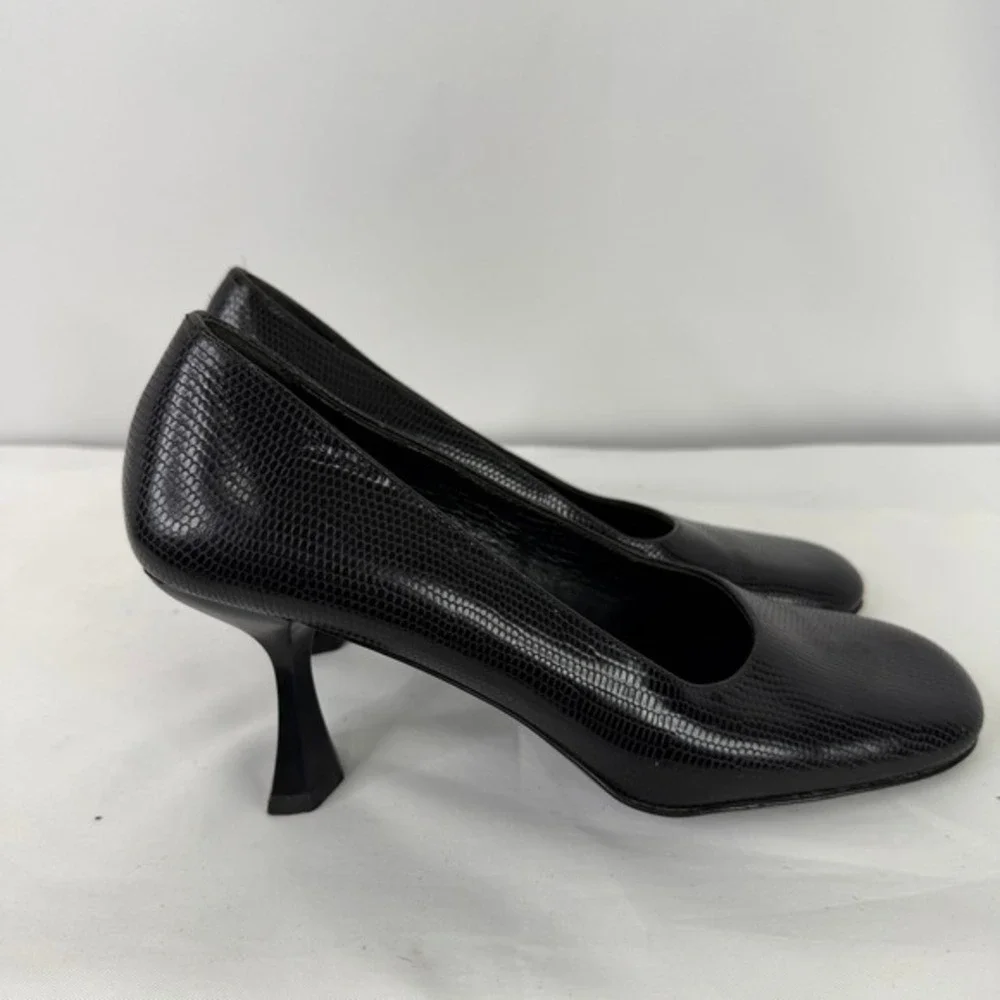 Classiques‎ Entier Black Lizard Embossed Leather Pumps Flared Heel Italy 7M